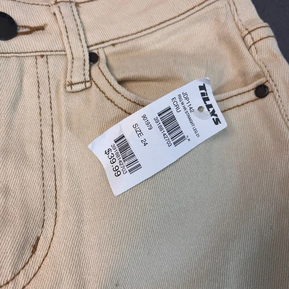 RSQ Jeans Womens 24‎ High Rise Straight Leg Denim Distressed Frayed Hem Ecru NWT